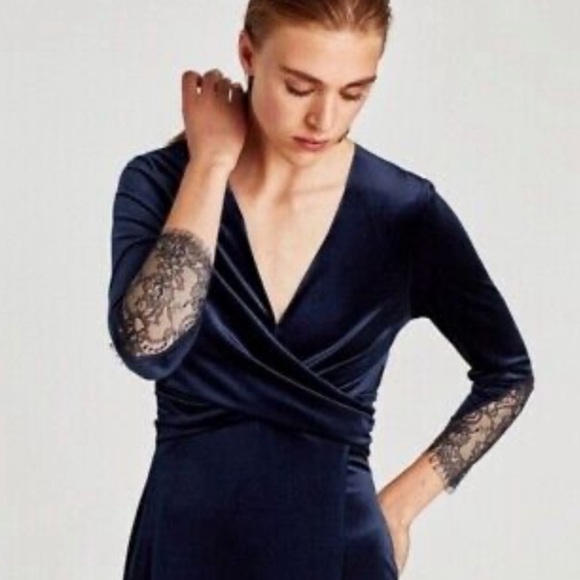 ZARA Velvet & Lace night blue midi dress size M - Picture 3 of 10